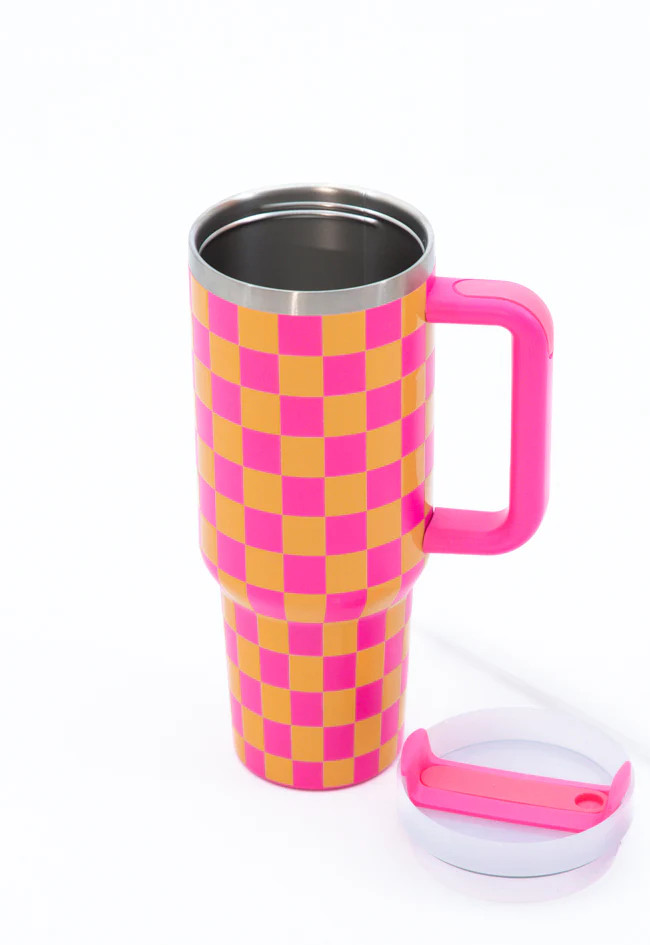 Sippin' Pretty Pink and Orange Checkered 40 oz Drink Tumbler With Lid And Straw | Pink Lily