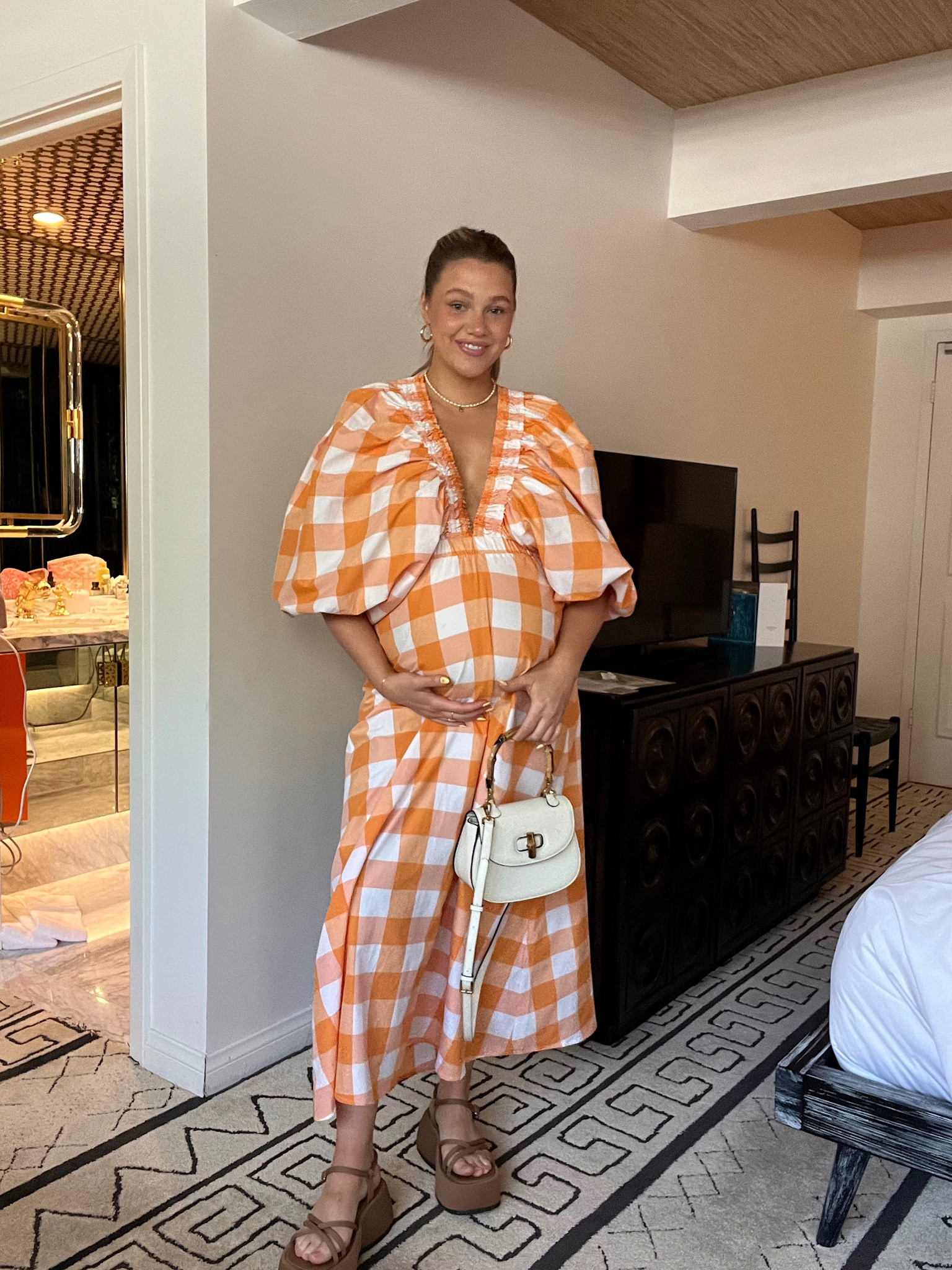 Dress: size M/L fits tts even with bump!
Amazon bag + platform sandals are soo comfy and easy to walk in and true to size! 

#LTKSeasonal #LTKshoecrush #LTKitbag