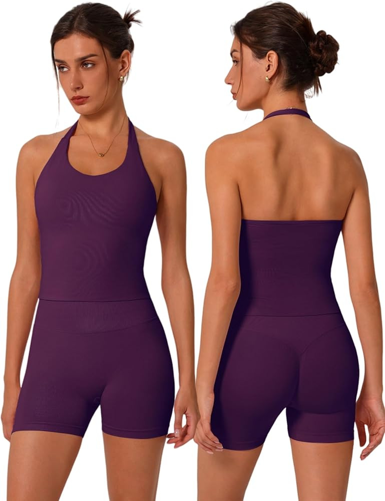 ABOCIW Workout Sets for Women 2 Piece seamless Halter Sports Bra Scrunch Butt Impact Shorts Gym Y... | Amazon (US)