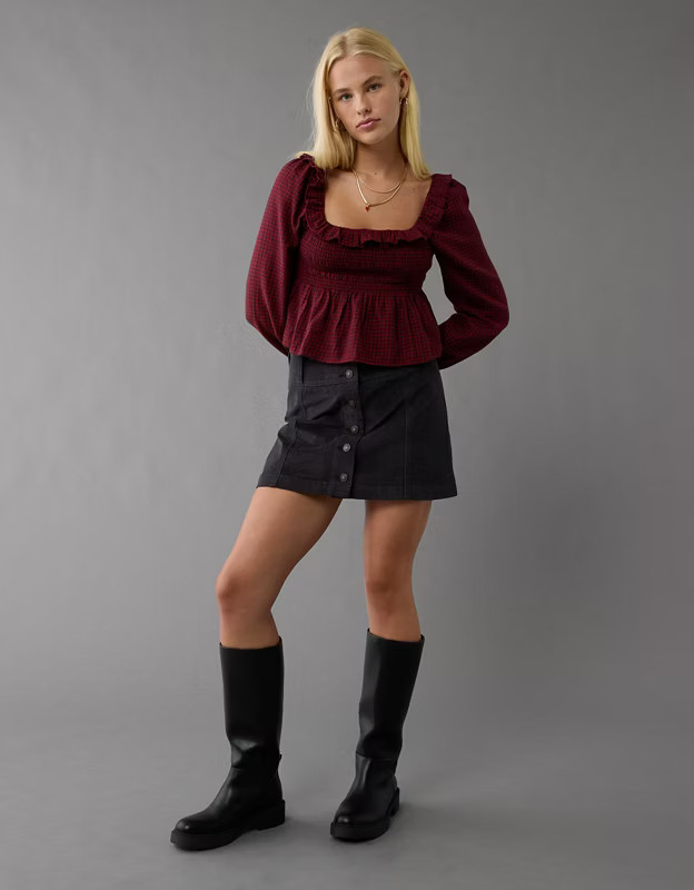 AE Long-Sleeve Smocked Ruffle Plaid Top | American Eagle Outfitters (US & CA)