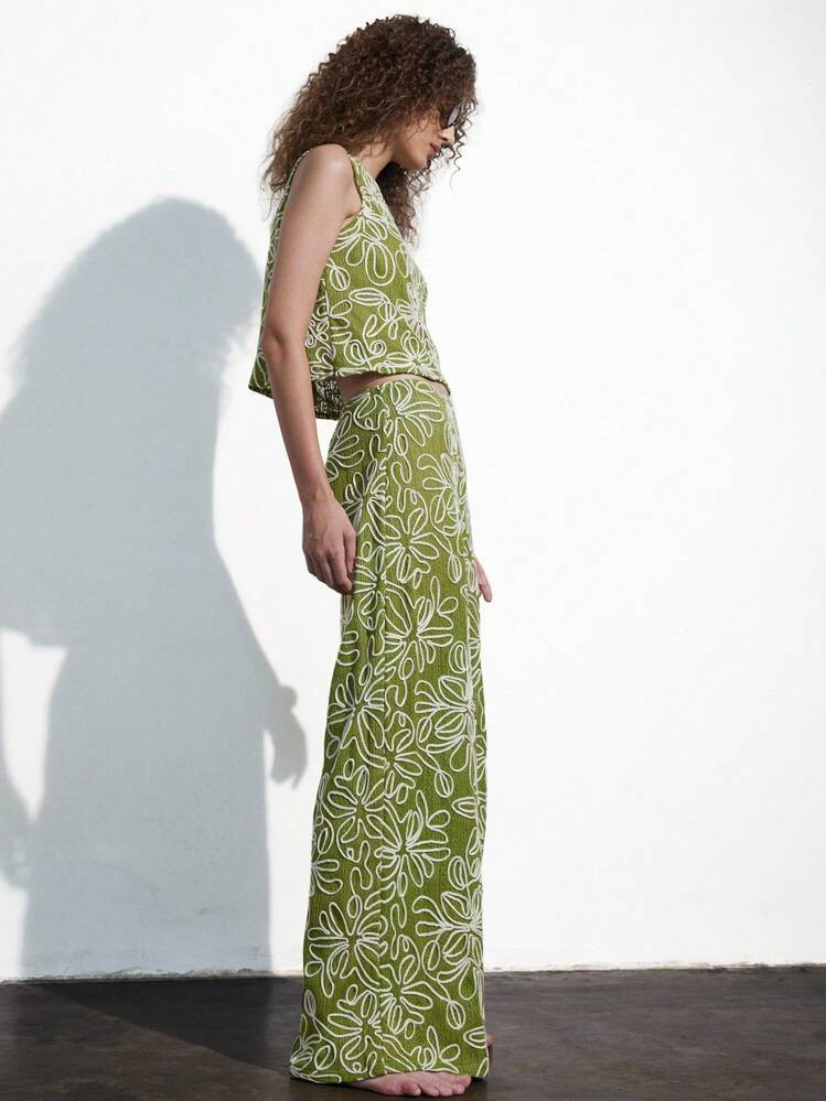 GENKIRA 2pcs/Set Summer Hollow-Out Knitted Texture Floral Embroidered Sleeveless Tank Top & Wide Leg Loose Pants | SHEIN