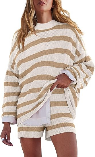 LAMISSCHE Womens Oversized Lounge Sets 2 Piece Outfits Striped Matching Pajama Set Long Sleeve Sw... | Amazon (US)