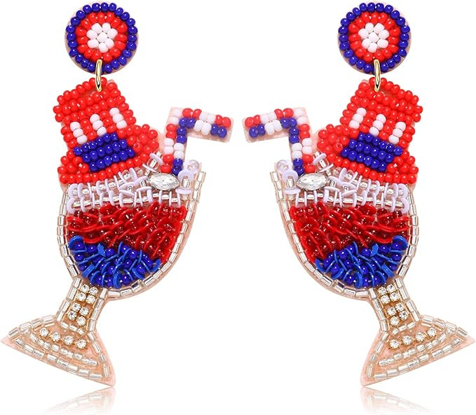 American Flag Earrings Beaded 4th of July Earrings Red White Blue Cocktail Wine Glass Dangle Earr... | Amazon (US)