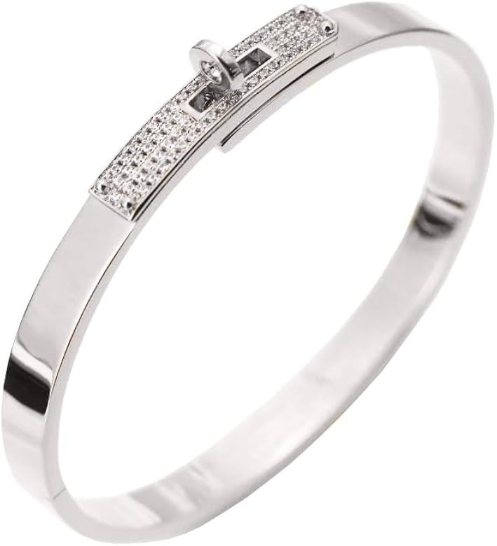 18K Gold Plated Turn Lock Bracelet with Cubic Zirconia，Classical Fashion Stainless Steel Bangle... | Amazon (US)