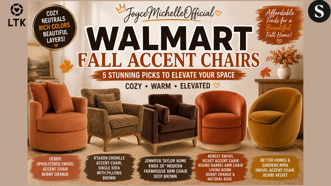 Walmart Fall Accent Chairs 🍂 | 5 Cozy Chairs That Look Expensive!

We’re continuing the Walmart Fall Finds series with another round of gorgeous fall accent chairs! 🍂🤎 This collection is all about those warm, rich tones that instantly make a room feel cozy, layered, and elevated for fall.
From burnt orange velvet and deep chocolate brown to soft chenille and rich ochre, these chairs prove you can create a designer-inspired home without the designer price tag.
Featured in this video:
* Debbie Upholstered Swivel Accent Chair — Burnt Orange
* Ktaxon Chenille Accent Chair — Brown, with pillows and wood legs
* Jennifer Taylor Home Knox 36" Modern Farmhouse Arm Chair — Deep Brown
* ReNest Swivel Velvet Accent Chair — Burnt Orange with Natural Base
* Better Homes & Gardens Mira Swivel Accent Chair — Ochre Velvet
These are perfect for layering into a living room, bedroom, reading corner, beauty room, office, or cozy conversation area. The warm browns, burnt oranges, and ochre tones work beautifully with cream, beige, walnut, olive, terracotta, and other fall neutrals.
✨ JoyceMichelleOfficial | Over 50 & Chic




🛍️Walmart Storefront:





🛍️ShopMy:
https://shopmy.us/shop/collections/7319656




🛍️LTK:





#WalmartFallFinds #WalmartHome #WalmartFinds #WalmartFurniture #FallHomeDecor #FallDecor2026 #AccentChairs #WalmartAccentChairs #CozyHome #CozyFallDecor #AffordableHomeDecor #LivingRoomDecor #HomeDecorFinds #BetterHomesAndGardens #DrewBarrymoreHome #JoyceMichelleOfficial #Over50AndChic




Walmart fall finds, Walmart fall decor 2026, Walmart accent chairs, Walmart furniture finds, fall accent chairs, Walmart home decor, fall home decor, cozy fall home, affordable accent chairs, burnt orange accent chair, brown accent chair, ochre accent chair, swivel accent chair, velvet accent chair, chenille accent chair, Better Homes and Gardens chair, Walmart living room furniture, affordable home decor, fall decorating ideas, cozy living room, JoyceMichelleOfficial 

 #LTKdayinmylife #LTKOver40 #LTKHome
