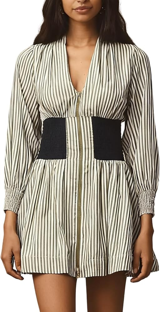 Womens Long Sleeve Mini Dress V Neck Smocked Zipper Dress Casual A Line Short Dress with Pockets | Amazon (US)