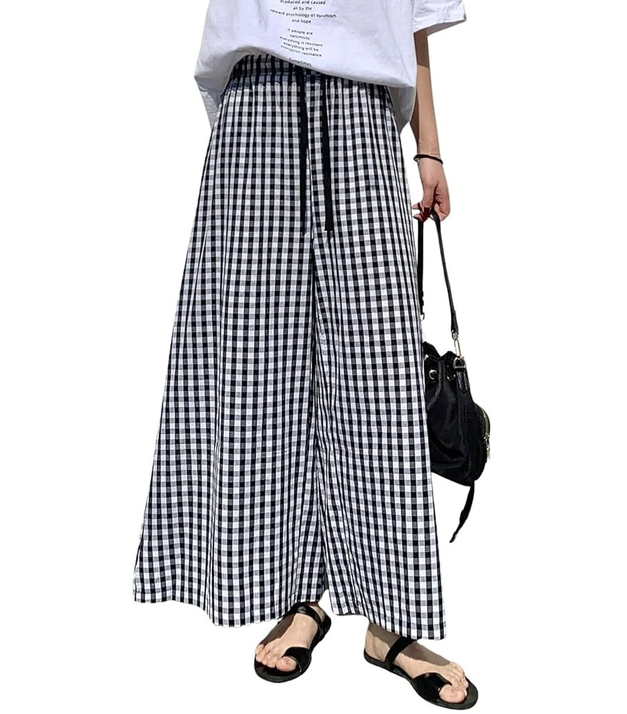 Womens Pajama Pants Plaid Wide Leg Gingham Lounge Pants Plaid Cotton Pajama Bottoms with Pockets | Amazon (US)