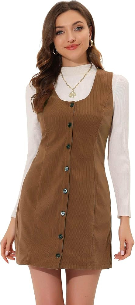 Allegra K Corduroy Overall Dress for Women's Fall Scoop Neck Sleeveless Button Down Casual Pinafo... | Amazon (US)