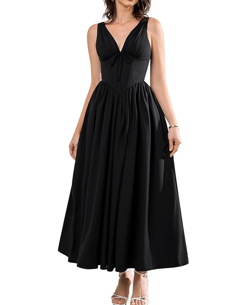 GLNEGE Women's Summer Corset Midi Milkmaid Dress Casual V Neck Flowy A Line Sundress Wedding Gues... | Amazon (US)