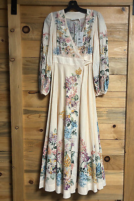 NWT Zimmermann Halliday Floral Long Sleeve Wrap Dress in Cream Watercolour 0  | eBay | eBay US