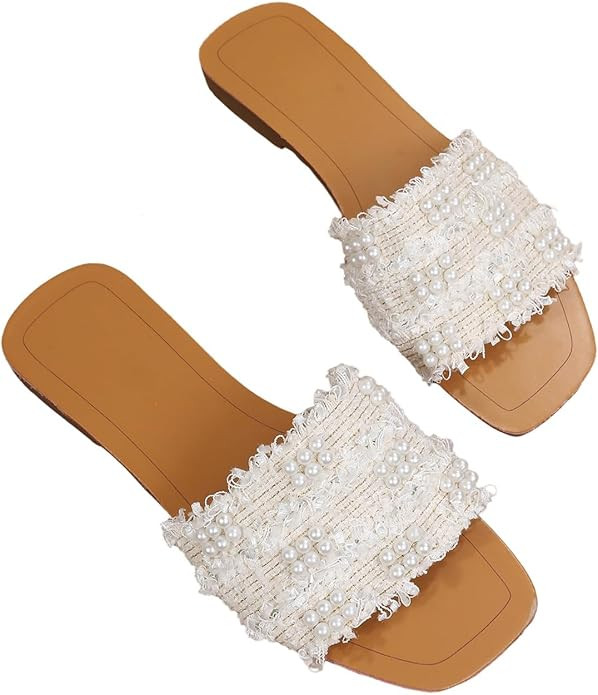 GORGLITTER Women's Summer Beach Vacation Slides Sandals Dressy Cute Summer Boho Pearls Square Toe... | Amazon (US)