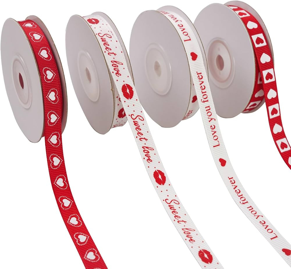 4 Rolls 40 Yards Valentine's Day Ribbon 3/8 Inch Wide, Happy Valentine's Day Ribbon Love Hearts C... | Amazon (US)