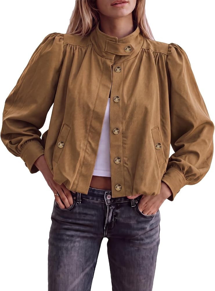 Tankaneo Womens Lightweight Cropped Jacket Balloon Sleeve Casual Coats | Amazon (US)