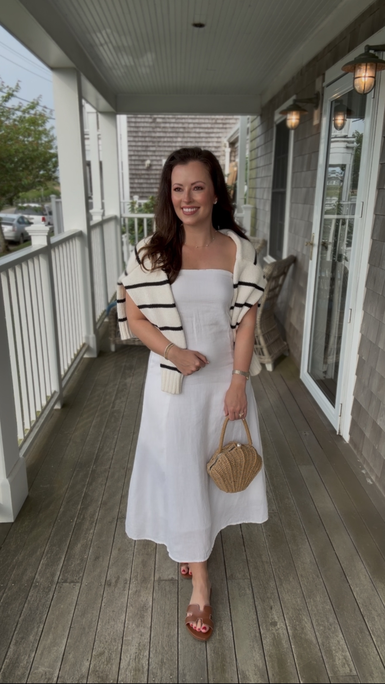 What to wear in Nantucket - New England summer Vacation outfit idea 
Nantucket dinner outfit (our last dinner night on the island!)

Size small in the white linen dress
Small in the ivory striped crewneck sweater 