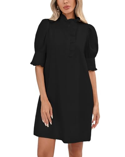 Women's Puff Short Sleeve Stand Ruffle Collar Summer Dress Casual A Line Shift Mini Dress with Po... | Amazon (US)
