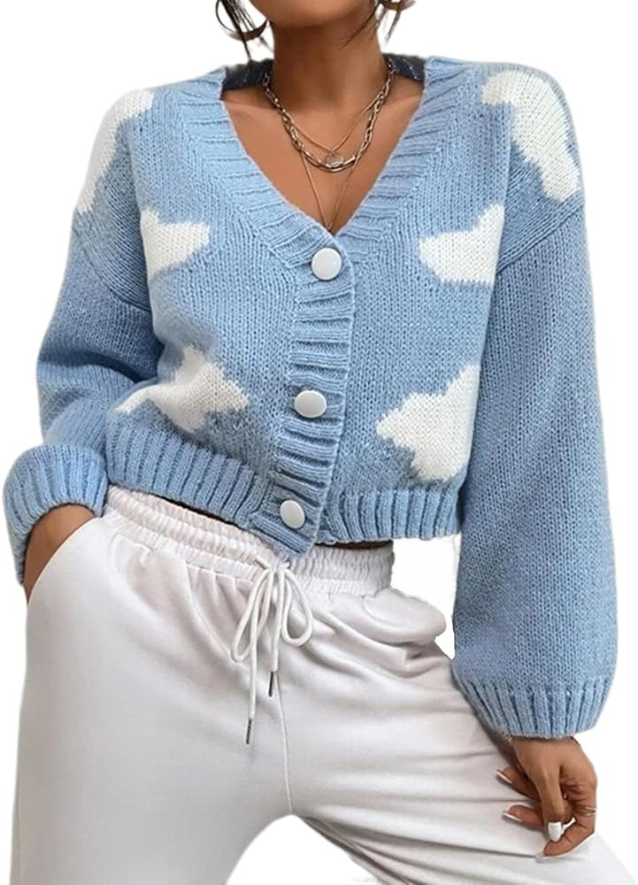 Women Cloud Pattern V-Neck Cardigan Button Down Long Sleeve Loose Fit Sweater Cardigan Coat | Amazon (US)
