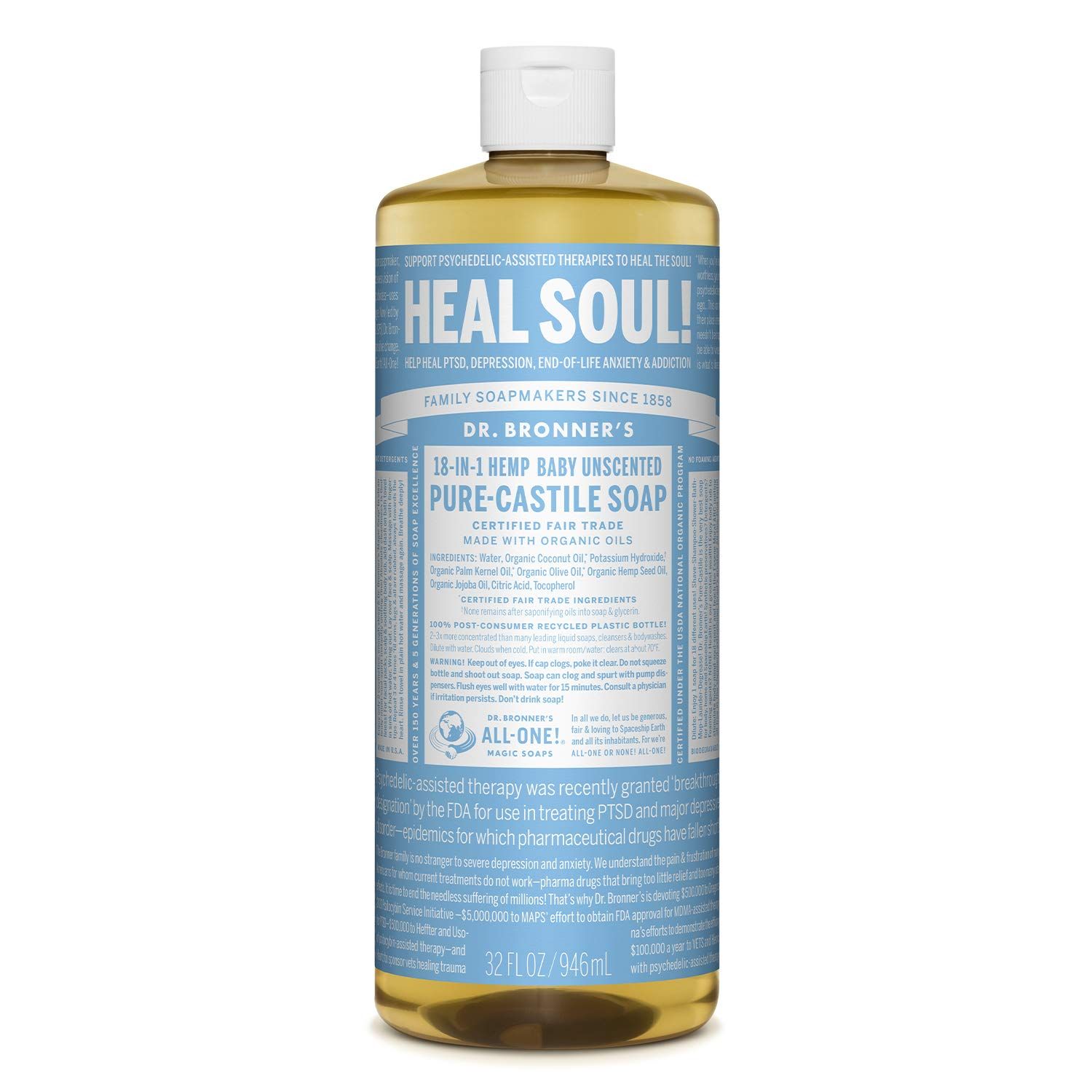 Dr. Bronner’s - Pure-Castile Liquid Soap (Baby Unscented, 32 ounce) - Made with Organic Oils, 1... | Amazon (US)