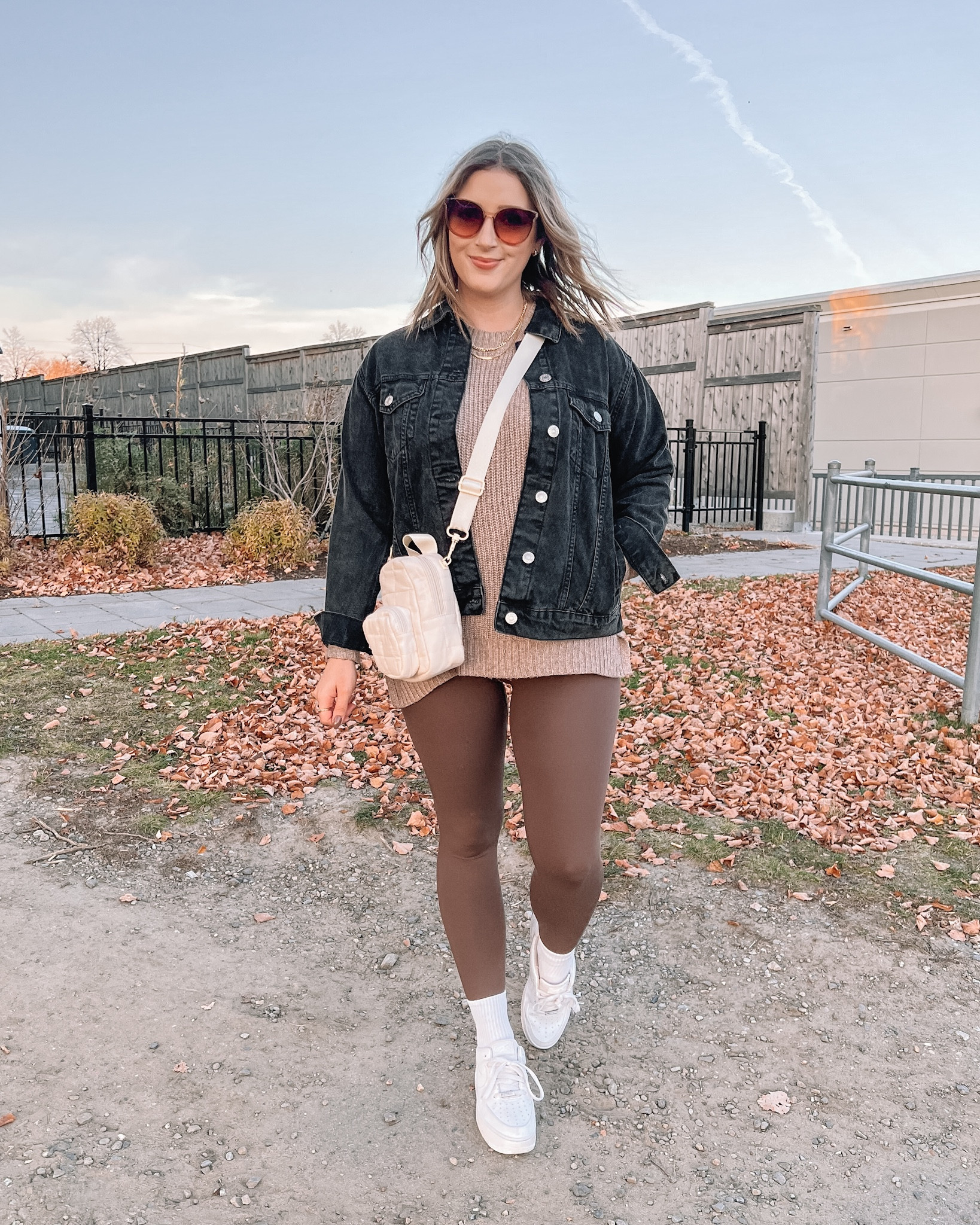 Casual fall outfit - brown leggings (so soft, wearing M), quilted bag, white sneakers, black denim jacket, neutral sweater
Fall fashion, midsize style


#LTKstyletip #LTKunder100 #LTKSeasonal