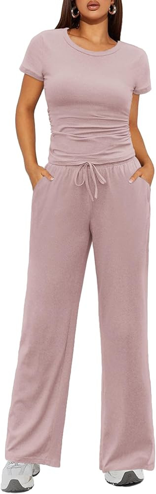 Ekouaer Women's 2 Piece Lounge Sets Ruched Short Sleeve Top and Wide Leg Pants Loungewear Tracksu... | Amazon (US)