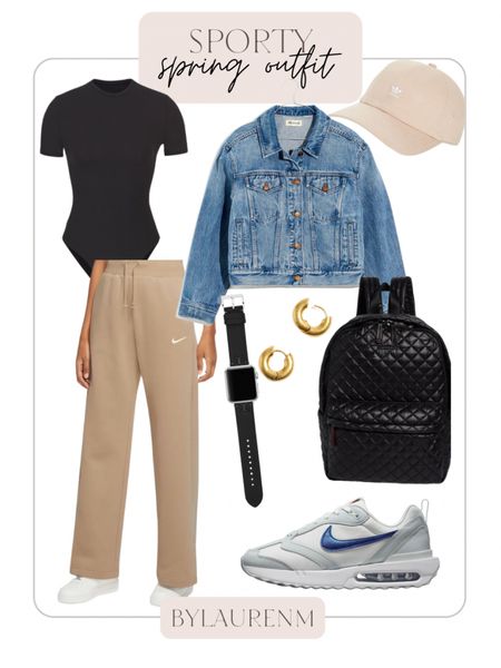 Sporty outfit! Nike air max dawn on sale for $57 (originally $115)! Code LOVE20. Nike sweatpants, Madewell cropped denim jacket, Tory Burch apple watch band, gold hoop earrings, black bodysuit, neutral Adidas hat. 

#LTKfit #LTKunder100 #LTKsalealert