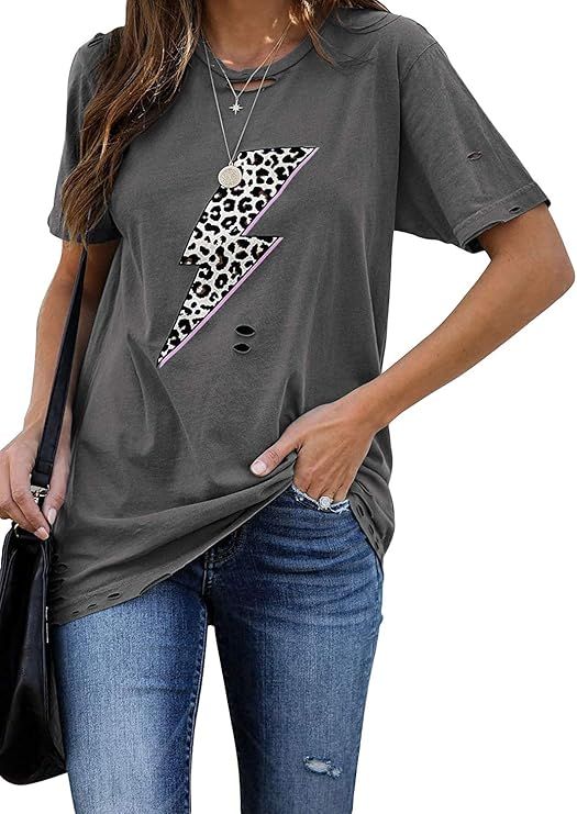 INFITTY Womens Basic Graphic Tees Casual Summer Short Sleeve Shirt Blouse Lightning Leopard Print... | Amazon (US)