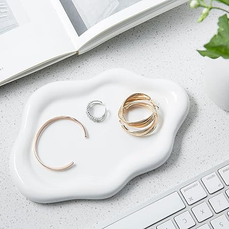 CCINPPY Ceramic Jewelry Tray Trinket Dish, Decorative Cloud Vanity Key Tray for Women, Ring Holder Dish, Cute Jewelry Plate Bowl Room Decor Aesthetic, White, Medium | Amazon (US)