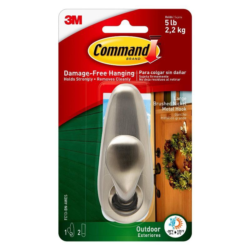 Command Large Sized Outdoor Classic Decorative Metal Hook with Foam Strips Nickel | Target