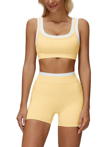 Double Layered Workout Sets for Women 2 Piece Square Neck Sports Bra Matching Tummy Control High Wait Biker Shorts Gym Sets Woman Yoga Pilates Outfits Active Athletic Work Out Clothes Butter Yellow XS | Amazon (US)