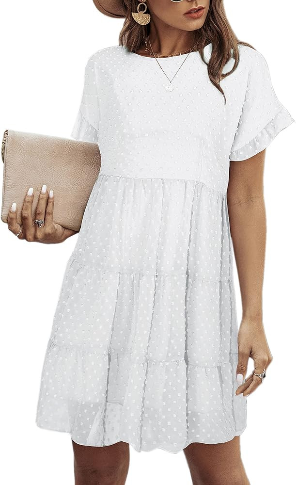 Angashion Women’s Summer Tunic Dress Round Neck Short Sleeve Ruffle Casual Loose Flowy Babydoll Swin | Amazon (US)