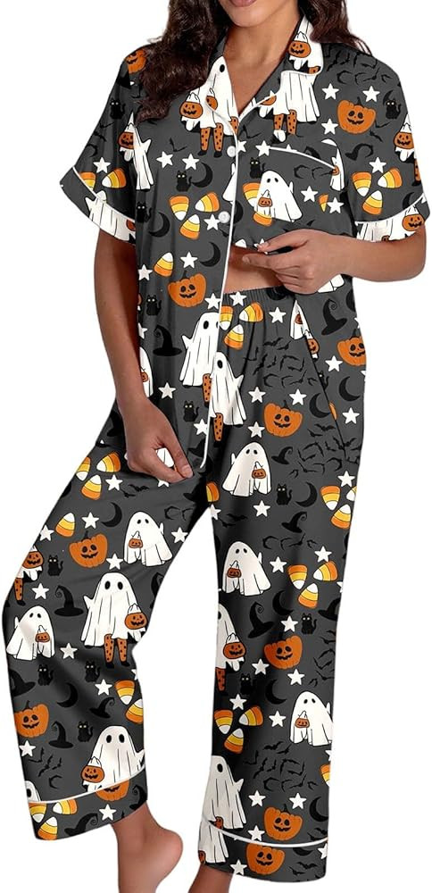 Womens Halloween Pajamas Short Sleeve Shirts Matching Elastic Waist Pants Pumpkin Cute Pjs Sets S... | Amazon (US)