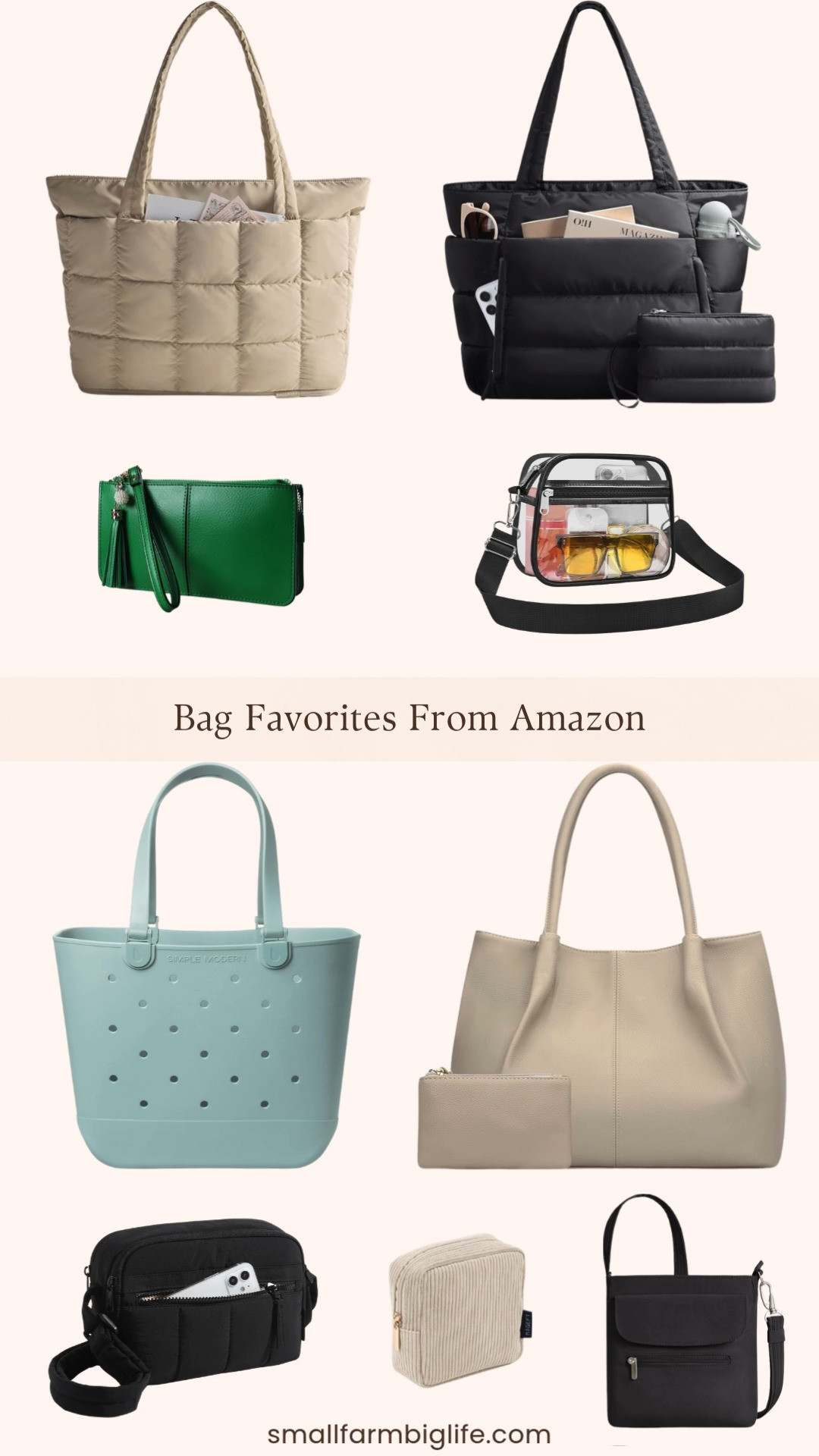 Bag favorites from Amazon and this round up has something for everyone 👜✨ I rounded up my favorite finds: a beige corduroy mini makeup bag, a black mini makeup bag, two more mini cosmetics bags perfect for tossing in your purse, a green genuine leather wristlet clutch, a light blue Simple Modern extra large beach bag, a tan vegan leather shoulder tote, a black puffer tote bag, and a tan expandable puffer tote bag. The mini makeup bags are such a good find because they are the perfect size for keeping your essentials organized inside your purse without taking up too much space. And the Simple Modern beach bag is going to be a summer staple. Whether you need a practical everyday bag, a beach bag, or just a cute little clutch for a night out Amazon has you completely covered right now at the best prices. Everything is linked! 🛒 

 #LTKgrwm #LTKootd #LTKOver40