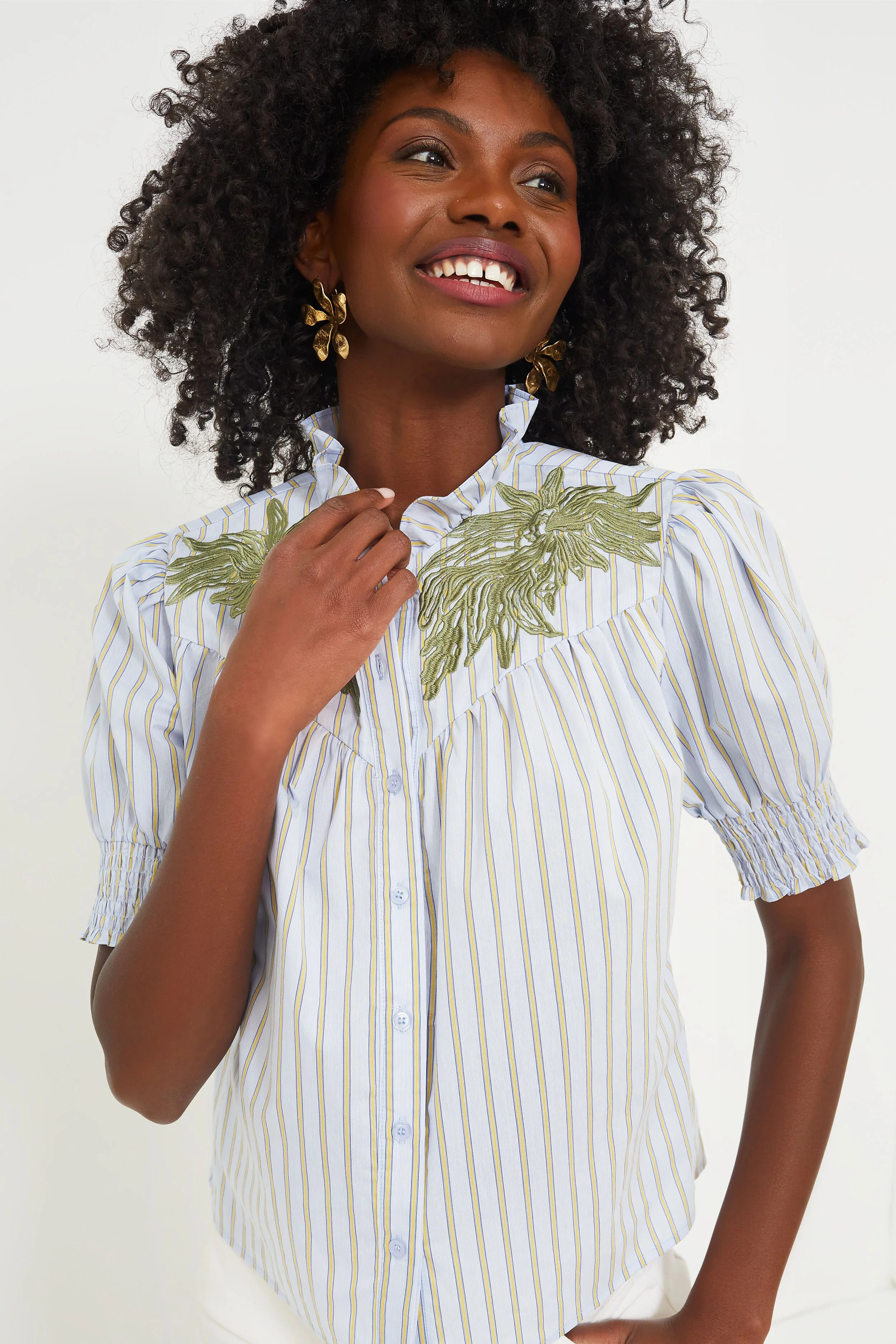 Embroidered Blue and Tan Stripe Nicole Shirt | Tuckernuck (US)