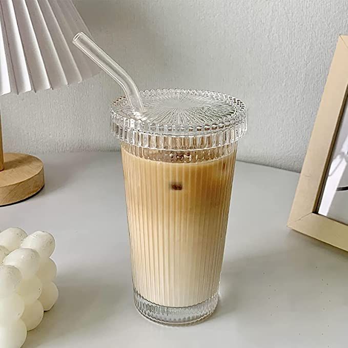 Glass Tumbler Stripe Glass Cup Coffee Cup With Lid and Straw LIDS DON'T SECURE 12.5 oz Drinking G... | Amazon (US)