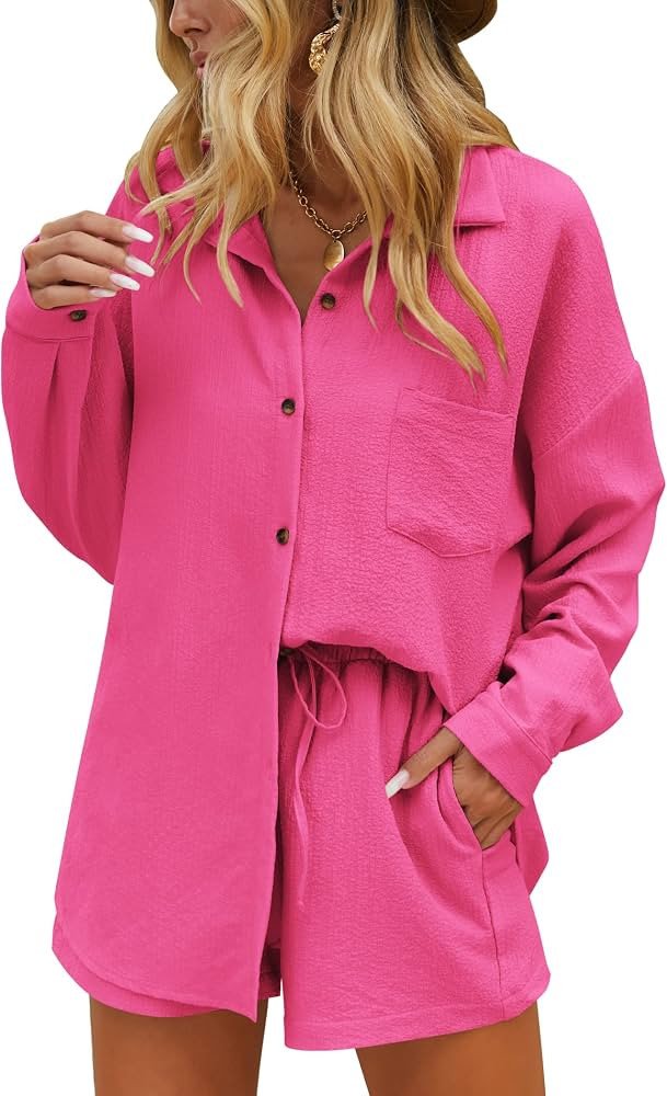 Ekouaer Two Piece Sets for Women Long Sleeve Lounge Set Button Down Shirts and Casual Shorts with... | Amazon (US)
