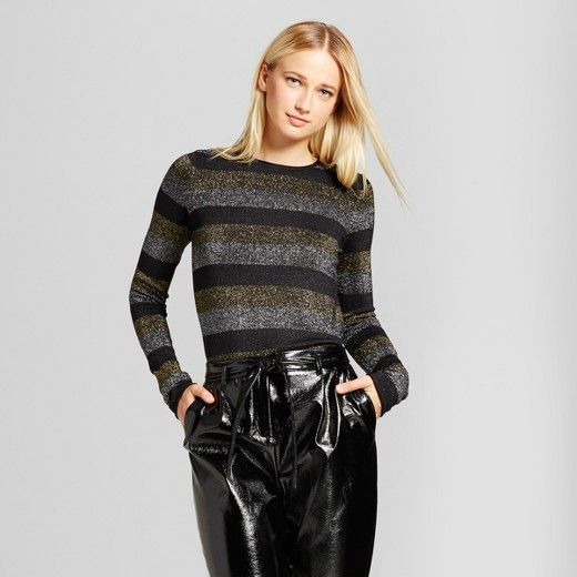Women's Long Sleeve Metallic Stripe Crew Sweater - Who What Wear™ Black Stripe | Target