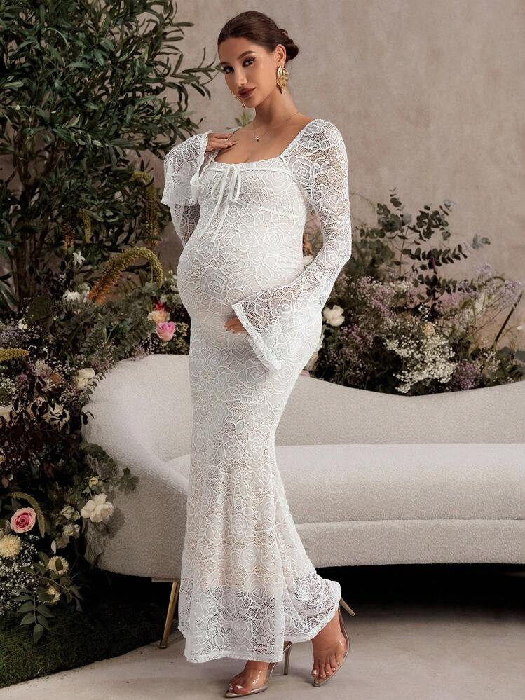 MaterniChic Valentine's Day White Lace Flare Sleeve Fitted Mermaid Hem Maternity Dress | SHEIN