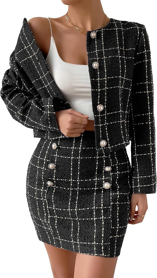 Floerns Women's Elegant 2 Piece Outfits Plaid Pattern Tweed Jacket and Midi Skirt | Amazon (US)