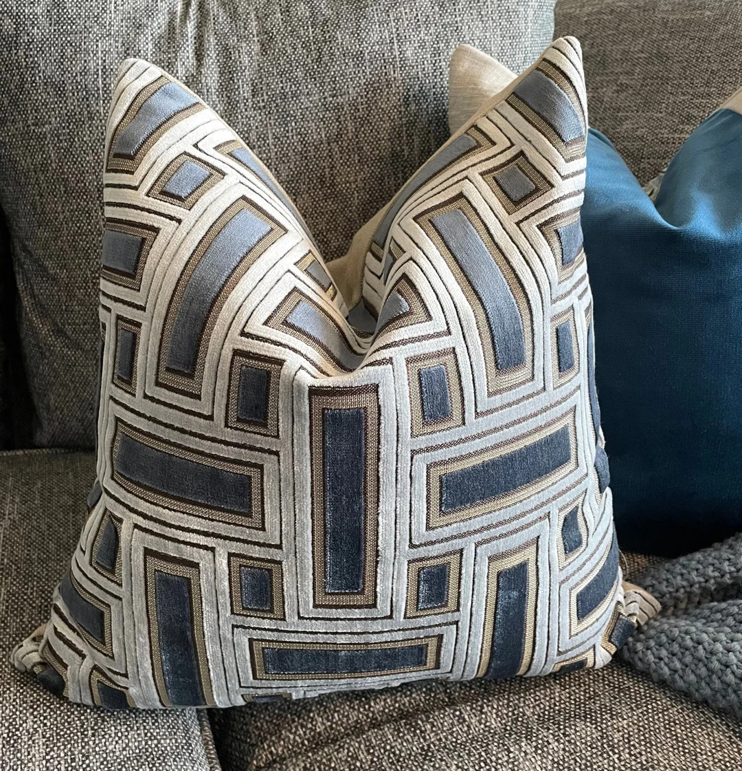 NEW Blue Geometric Velvet Designer Decorative Pillow Cover Luxurious Blue-grey With Woven Gold Me... | Etsy (US)
