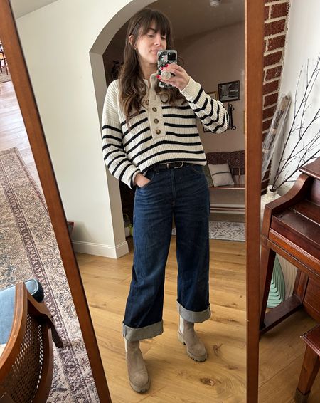 Striped sweater with baggy wide leg jeans. Citizens of humanity Ayala baggy cuffed crop jeans outfit. Sezane Lucas Jumper and Freda Salvador Brooke Boots. All weather boots. Water resistant boots  

#LTKshoecrush
