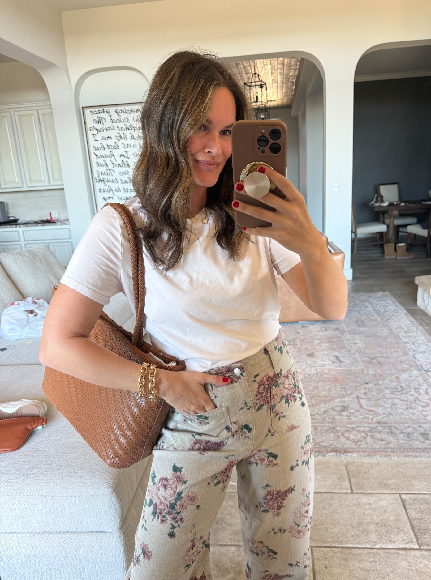 Best classic tee love the sleeve length and neck line is great for layering under sweaters true sizing and under $10 and the cutest look for less jeans look like anthro but target went up a size - also so impressed with this tote bag that looks so high end #targetfashion #springfashion #casualoutfit 

#LTKgrwm #LTKSaleAlert #LTKdayinmylife