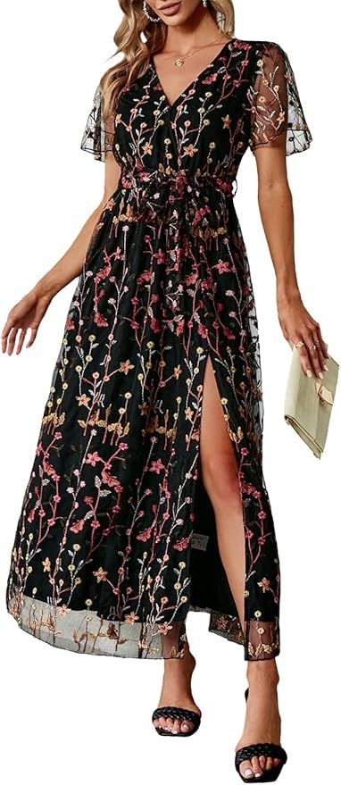 BerryGo Women's Mesh Embossed Short Sleeve Floral Lace Semi Formal Dress V Neck Long Maxi Dress f... | Amazon (US)