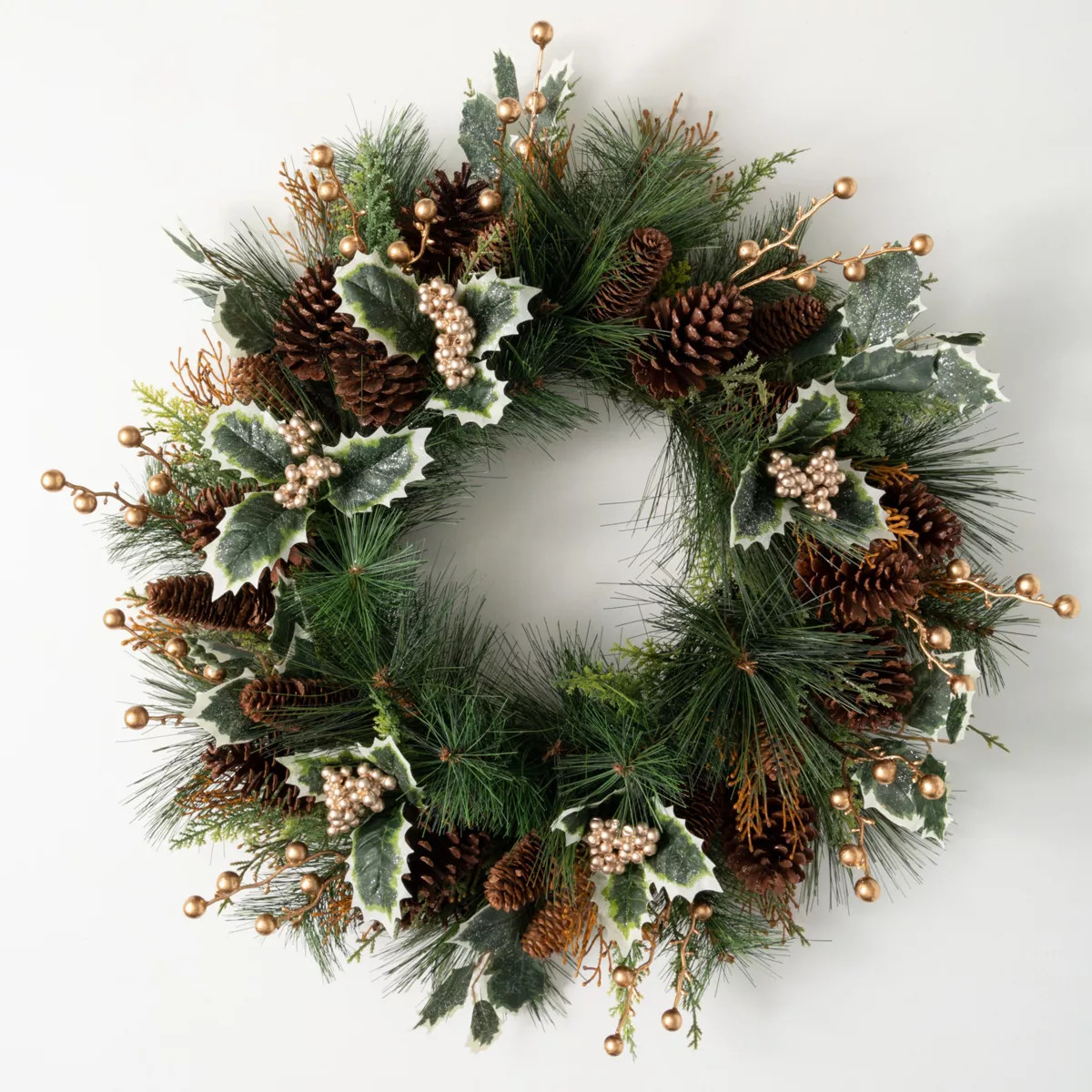 26.5"H Sullivans Gold Holly And Pine Wreath, Green Winter Wreaths For Front Door | Target