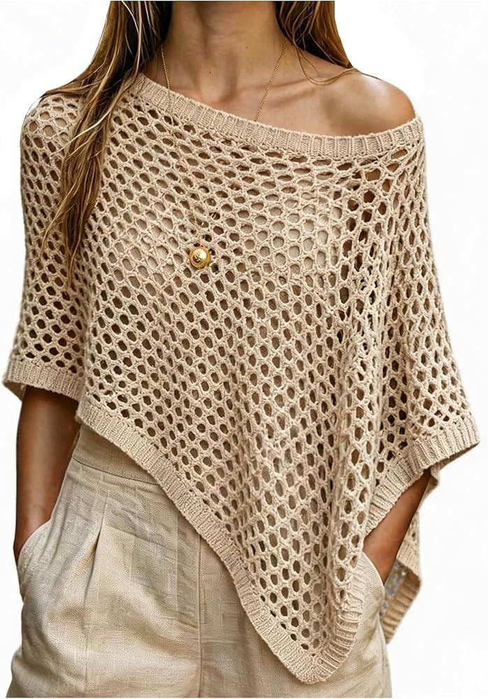 SOLY HUX Women's Hollow Out Sheer Poncho Top Off The Shoulder Asymmetrical See Through Knit Shawl... | Amazon (US)