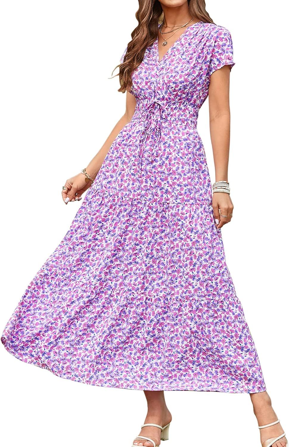 KILIG Women's Summer Dresses 2023 Casual Short Sleeve Wrap V Neck Boho Floral Beach Maxi Dresses ... | Amazon (US)