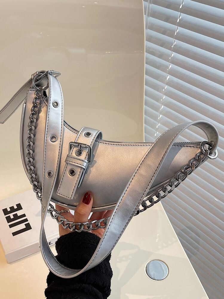 Metallic Chain & Buckle Decor Saddle Bag | SHEIN
