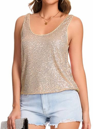 Ainuno Sparkly Tops for Women Gold Sequin Tank Top Womens Sexy Metallic Dressy Sleeveless Shirts Womans Bling Party Top Trendy Cute Yellow Glitter Tank Tops Summer,M | Amazon (US)