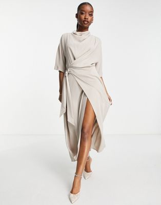 ASOS DESIGN cowl neck midi dress with wrap skirt in taupe | ASOS (Global)