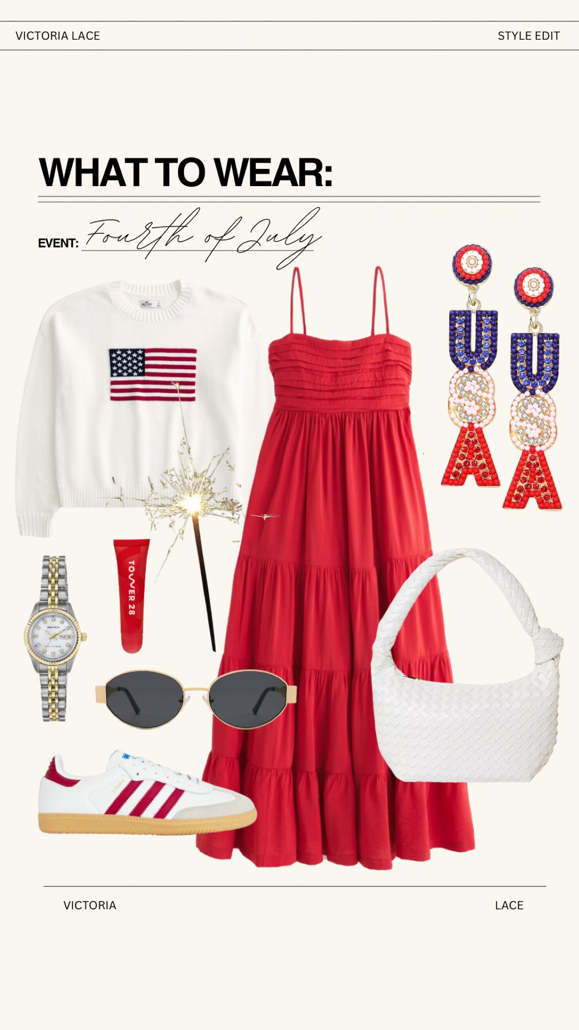 Fourth of July outfit inspo! Patriotic girly!!! This American glad sweater is so iconic and a dupe of the Ralph Lauren sweater. And of course, this white bag again… wearing it on repeat this summer. 

#sambas #red #abercrombie #styled #usa #earrings #target #fashion #lake #pool