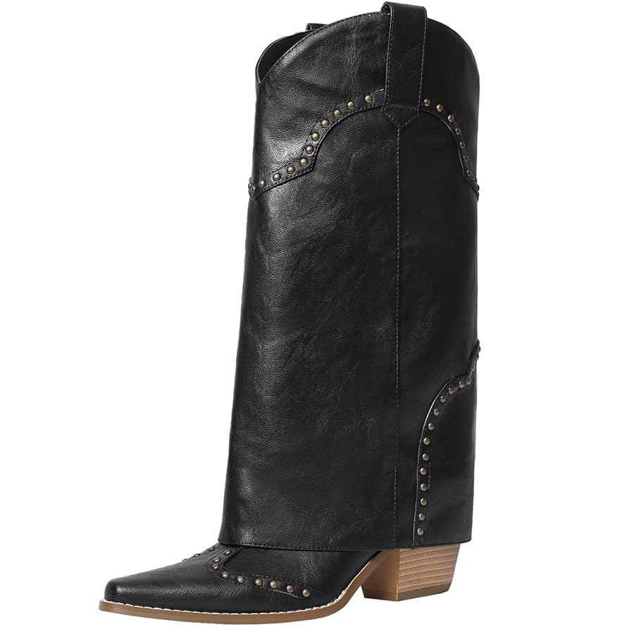 Women Shark Boots Fold Over Mid Calf Chunky Heel Snip Toe Cowboy Cowgirl Pull On Studded Boots fo... | Amazon (US)