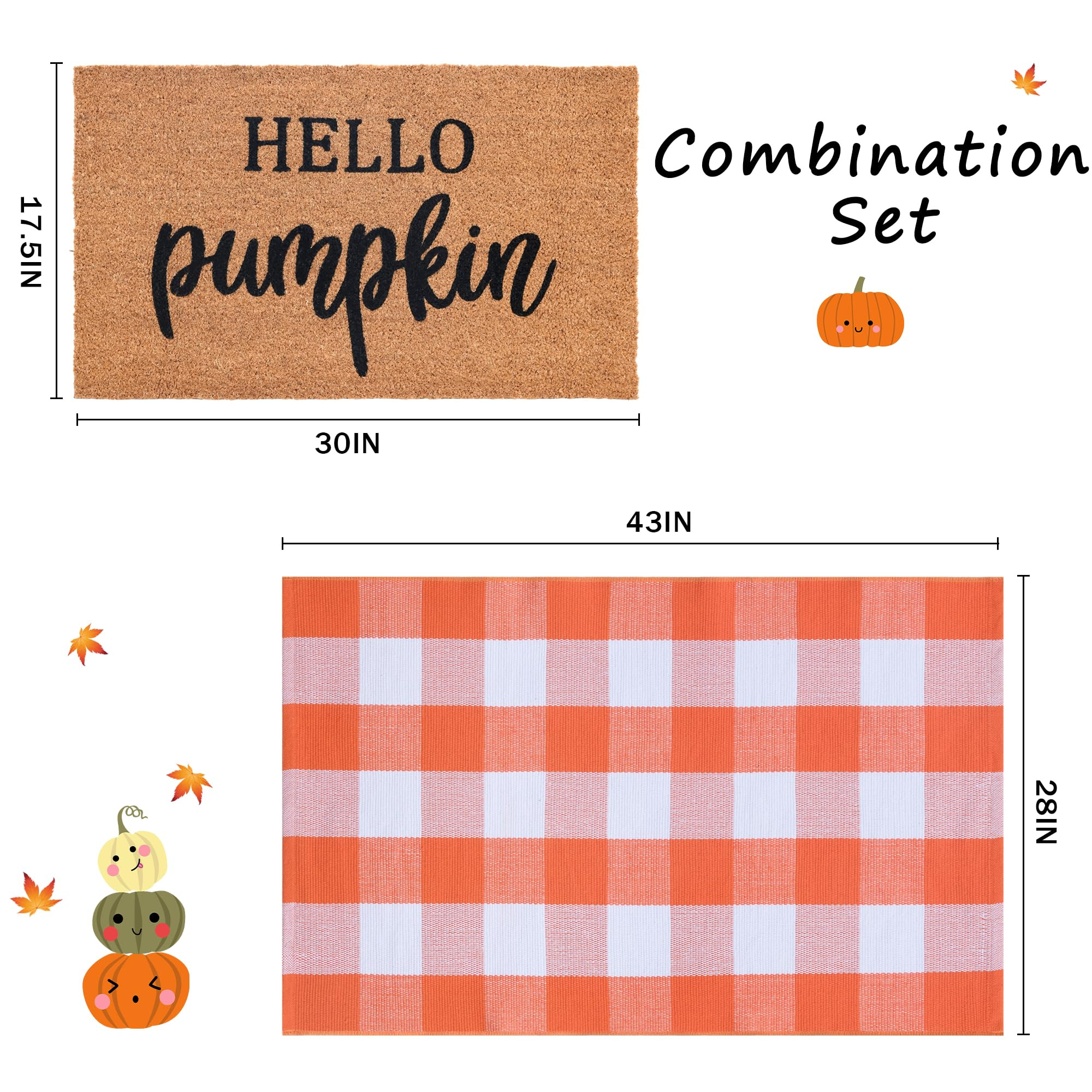 Fall Decor Door Mat Combo Set, 100% Coco Coir Welcome Mat + 28 x 43 Inches Orange and White Plaid... | Amazon (US)
